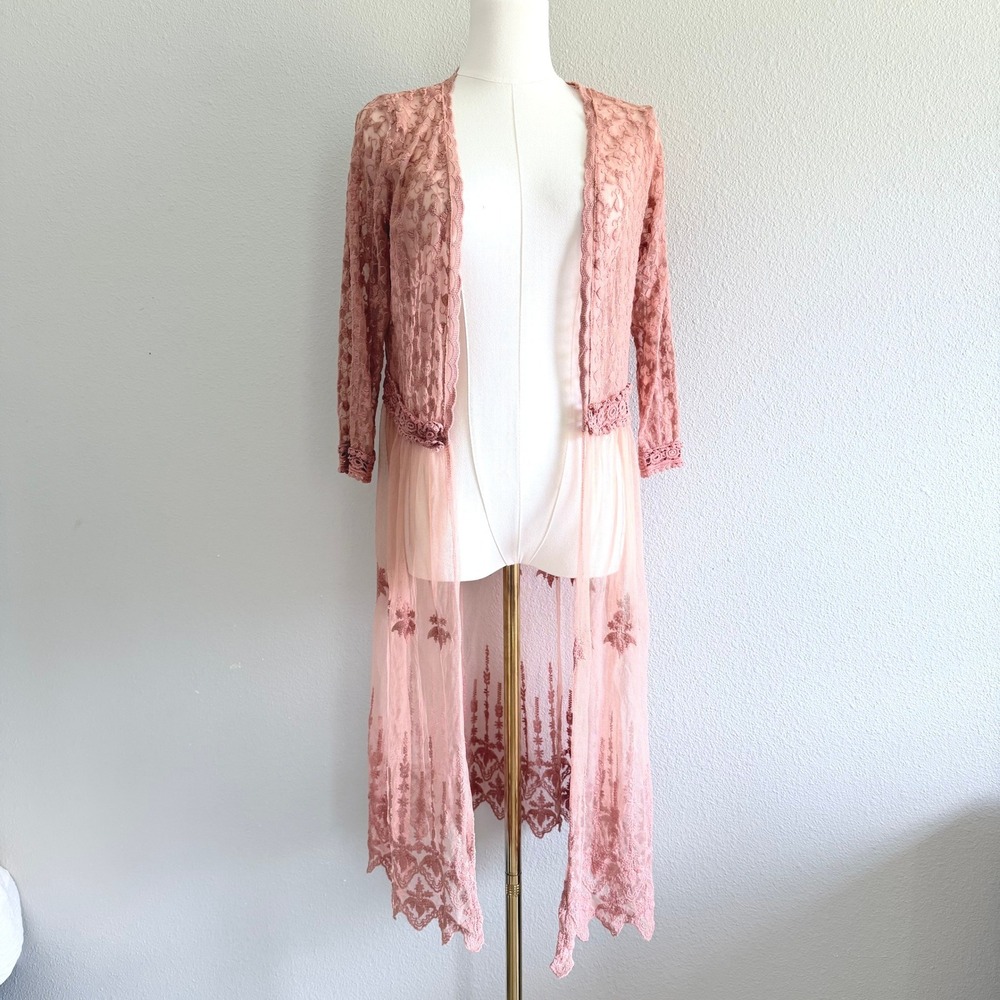 Xhilaration Dusty Rose Lace Duster Cardigan Boho Mesh Embroidered Kimono Medium